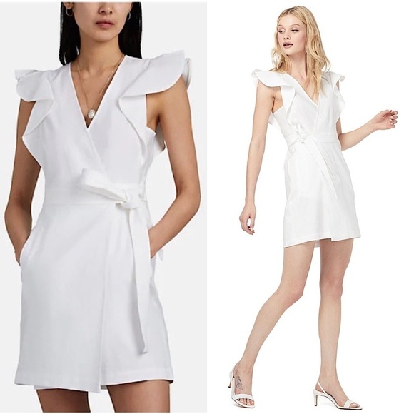 ALC Linen Blend Ruffled Flutter Short Sleeve Tie Waist V-Neck Mini Wrap Dress 10 - Picture 2 of 16